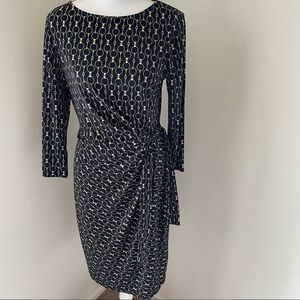 SOLD Chaps Navy/Gold Chain 3/4 Sleeve Tied Midi Dress Size Medium